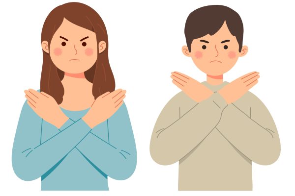 Woman and man says no with gesture deny expression angry grumpy ban